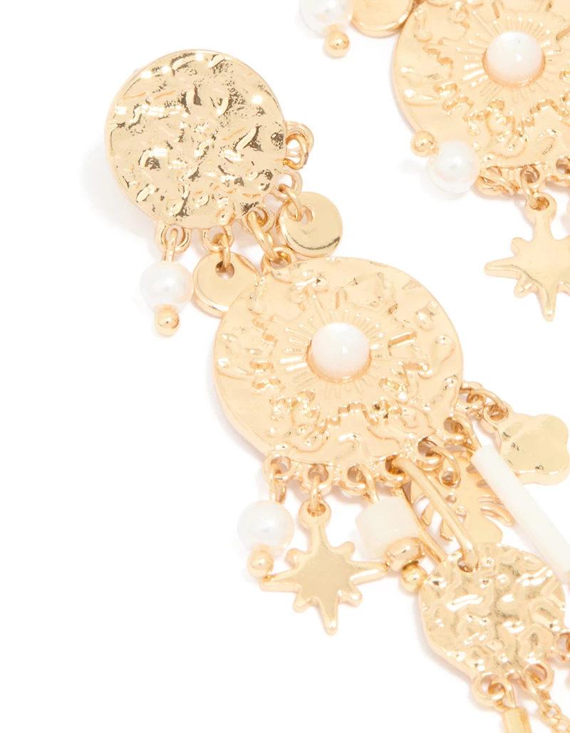 Gold Textured Pearl Dangle Drop Earrings