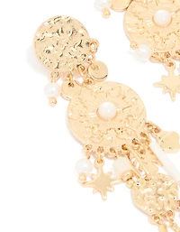 Gold Textured Pearl Dangle Drop Earrings