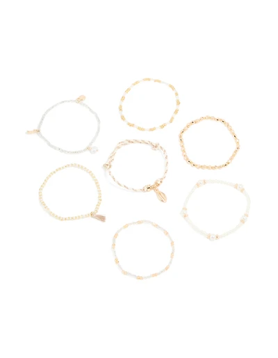 Gold Beaded Pearl Beachy Bracelets 7-Pack