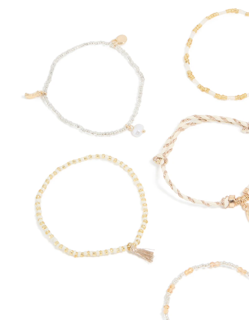 Gold Beaded Pearl Beachy Bracelets 7-Pack