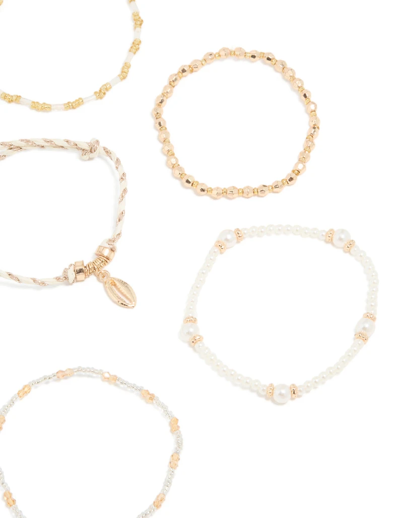 Gold Beaded Pearl Beachy Bracelets 7-Pack