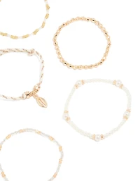 Gold Beaded Pearl Beachy Bracelets 7-Pack