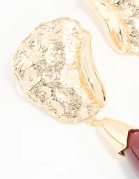 Gold Red Stone Molten Teardrop Earrings