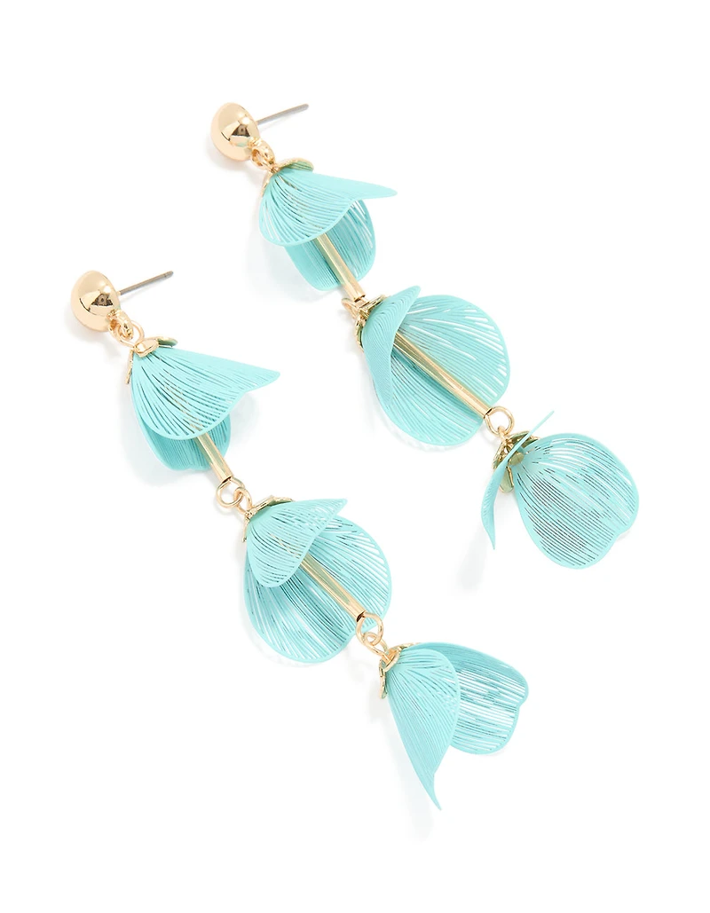 Gold Blue Filigree Flower Drop Earrings