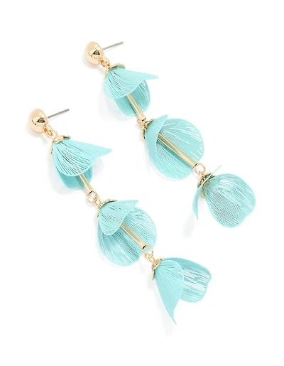 Gold Blue Filigree Flower Drop Earrings