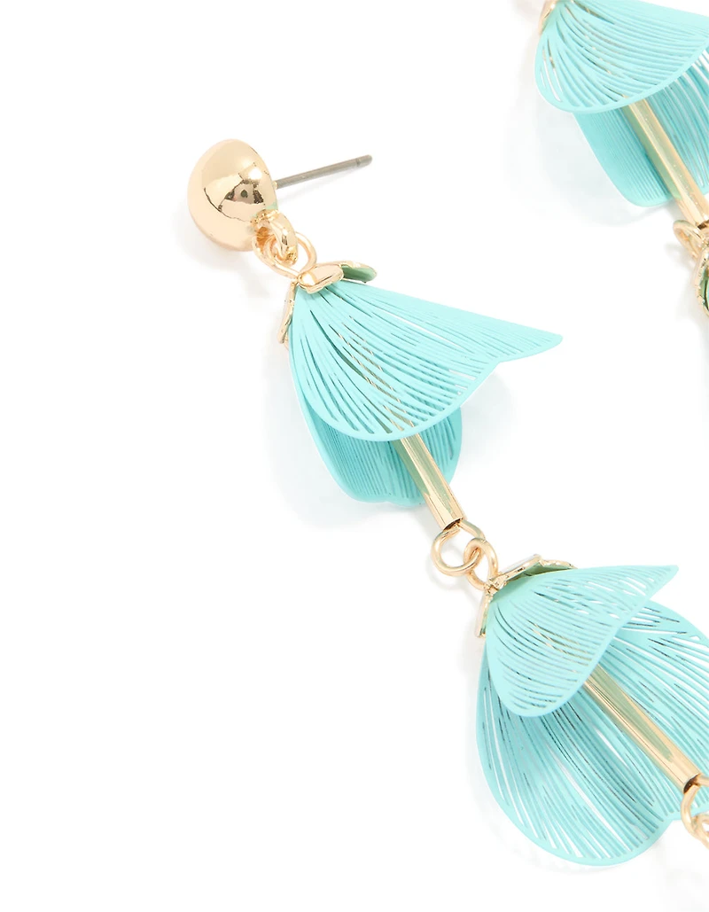 Gold Blue Filigree Flower Drop Earrings