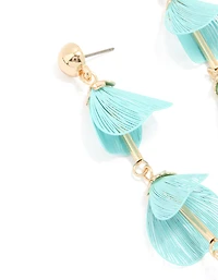 Gold Blue Filigree Flower Drop Earrings