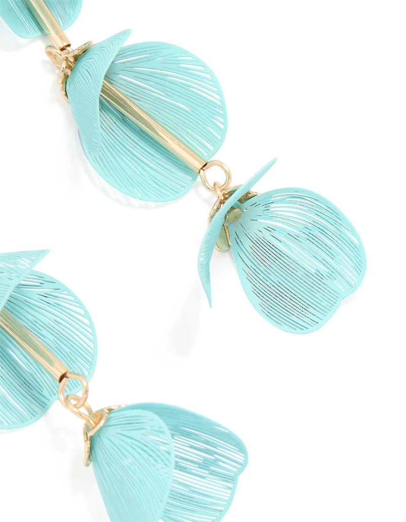 Gold Blue Filigree Flower Drop Earrings
