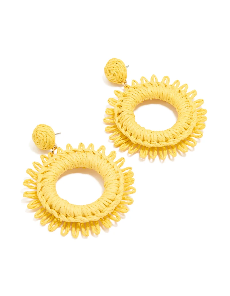 Gold Yellow Raffia Circle Drop Earrings