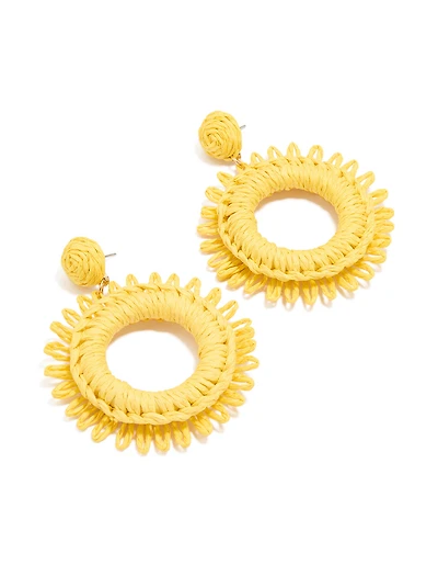 Gold Yellow Raffia Circle Drop Earrings