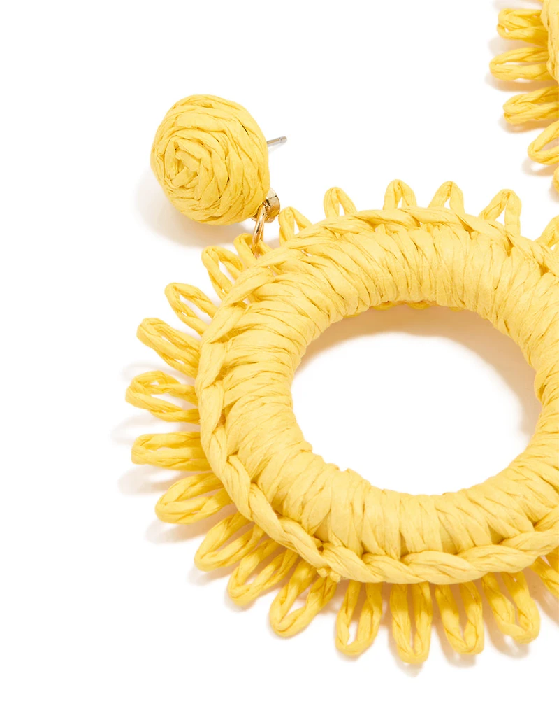 Gold Yellow Raffia Circle Drop Earrings