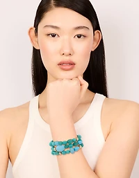 Gold Blue Beaded Stretch Bracelets 3-Pack