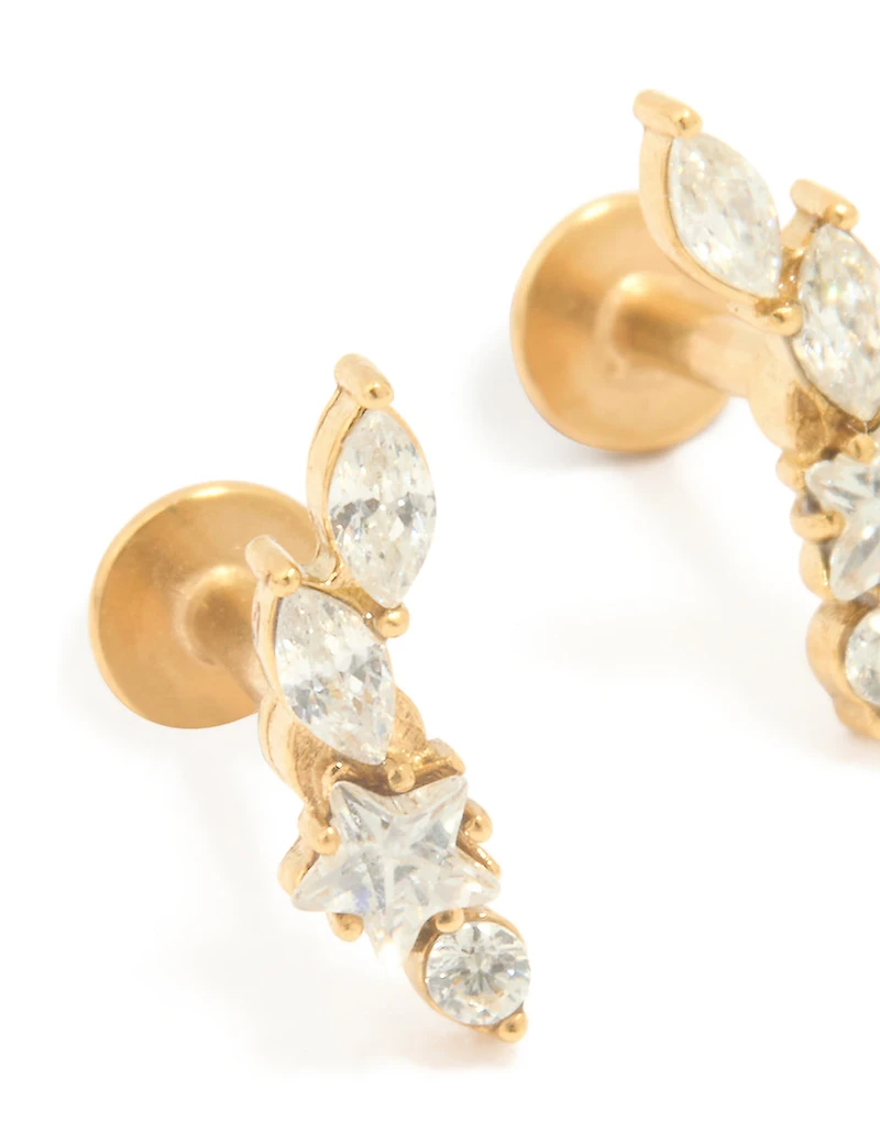 Gold Plated Surgical Steel Leaf Cubic Zirconia Flat Back Studs