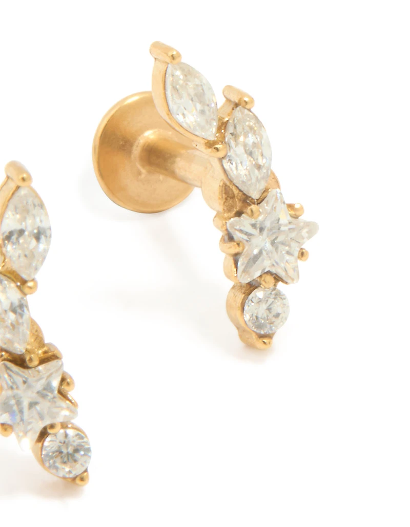 Gold Plated Surgical Steel Leaf Cubic Zirconia Flat Back Studs