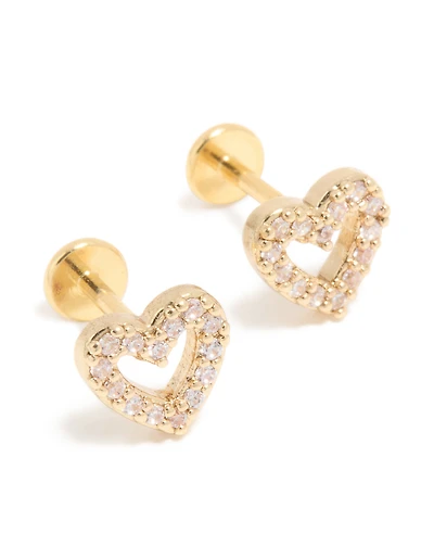 Kids Gold Plated Surgical Steel Cubic Zirconia Heart Flat Back Studs