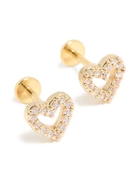 Kids Gold Plated Surgical Steel Cubic Zirconia Heart Flat Back Studs