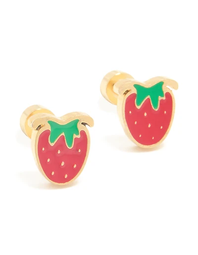 Kids Gold Plated Surgical Steel Enamel Strawberry Flat Back Studs