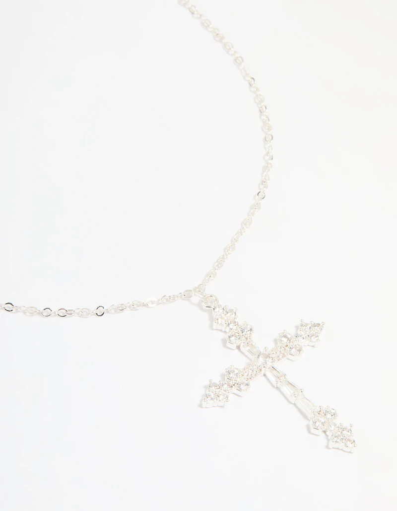 Silver Plated Cubic Zirconia Large Cross Pendant Necklace