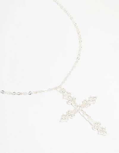 Silver Plated Cubic Zirconia Large Cross Pendant Necklace