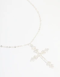 Silver Plated Cubic Zirconia Large Cross Pendant Necklace