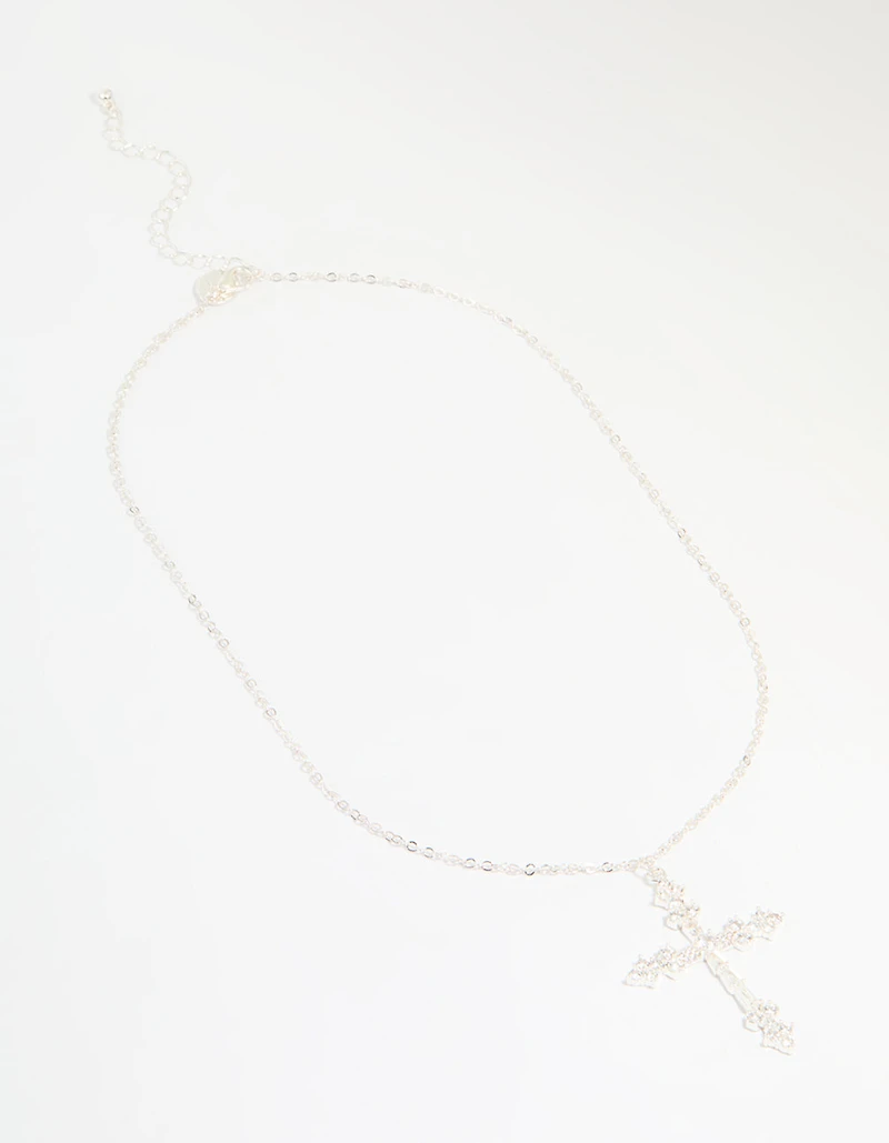 Silver Plated Cubic Zirconia Large Cross Pendant Necklace