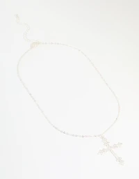 Silver Plated Cubic Zirconia Large Cross Pendant Necklace