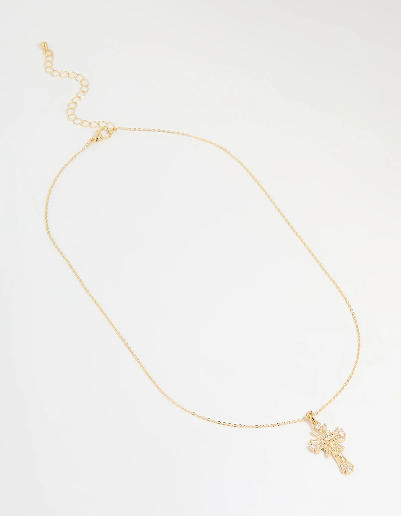 Gold Plated Cubic Zirconia Baguette Cross Pendant Necklace