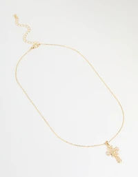 Gold Plated Cubic Zirconia Baguette Cross Pendant Necklace