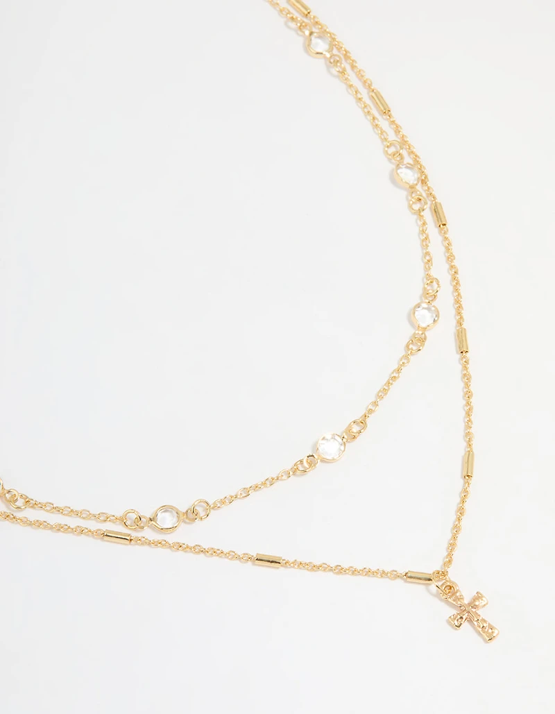 Gold Plated Bezel Chain & Cross Layered Necklace