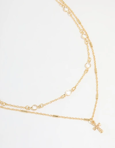 Gold Plated Bezel Chain & Cross Layered Necklace