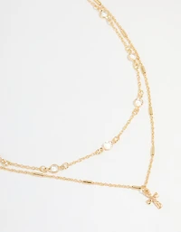 Gold Plated Bezel Chain & Cross Layered Necklace