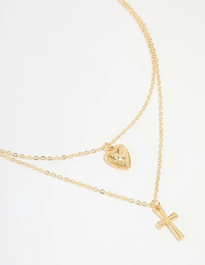 Gold Plated Diamante Heart & Cross Layered Necklace