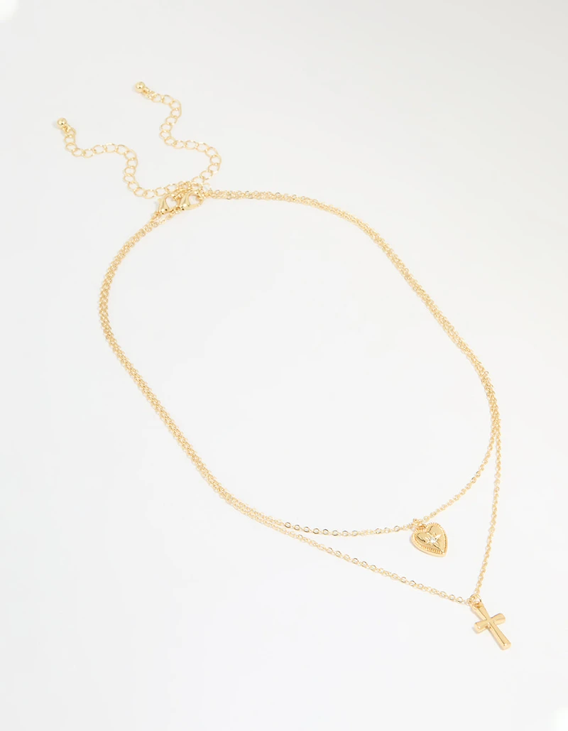 Gold Plated Diamante Heart & Cross Layered Necklace
