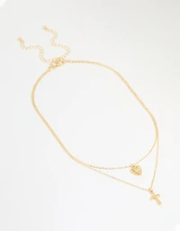 Gold Plated Diamante Heart & Cross Layered Necklace