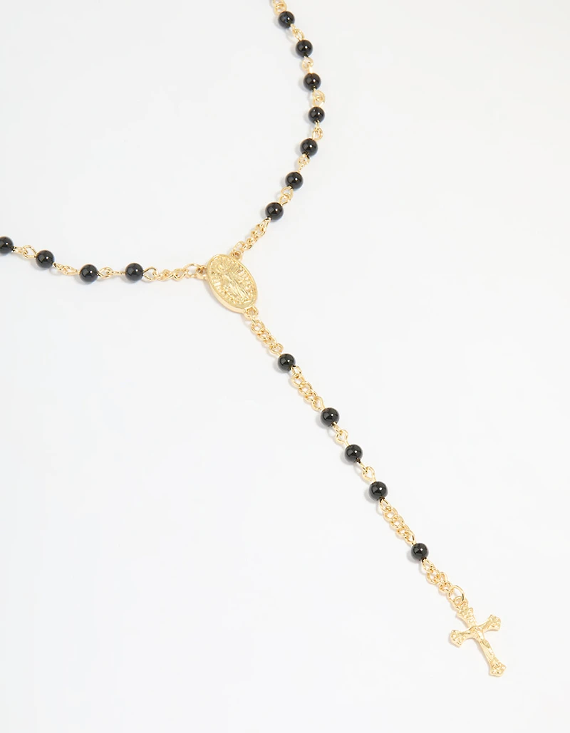Gold Plated Black Onyx & Cross Lariat Necklace