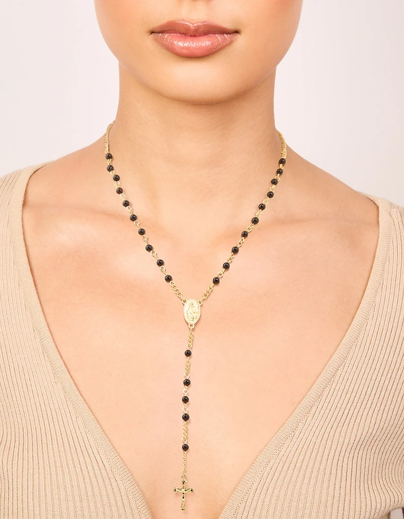 Gold Plated Black Onyx & Cross Lariat Necklace