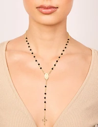 Gold Plated Black Onyx & Cross Lariat Necklace