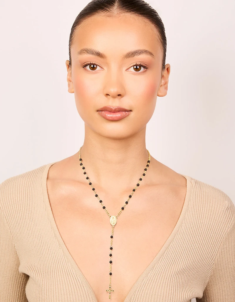 Gold Plated Black Onyx & Cross Lariat Necklace