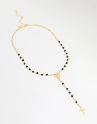 Gold Plated Black Onyx & Cross Lariat Necklace
