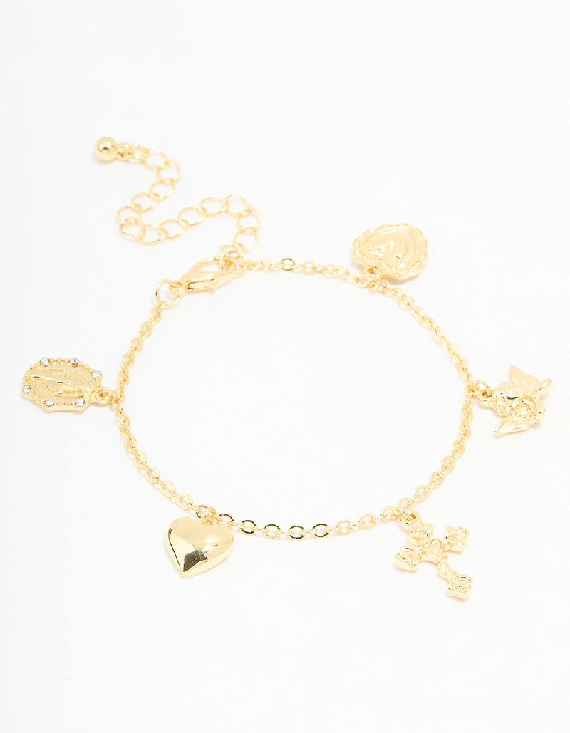 Gold Plated Cross & Heart Charm Bracelet