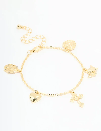Gold Plated Cross & Heart Charm Bracelet