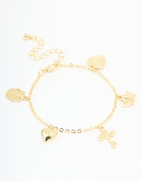 Gold Plated Cross & Heart Charm Bracelet
