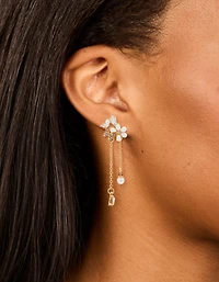 Gold Plated Diamante Pearl Flower Chain Drop Earrings