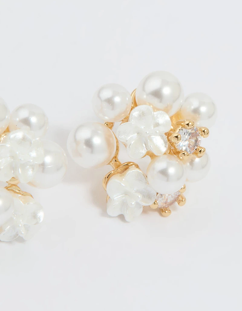 Gold Plated Cubic Zirconia Pearl Cluster Stud Earrings