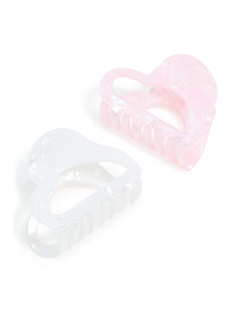 White & Pink Acrylic Small Heart Claw Clips 2-Pack