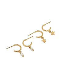 Waterproof Gold Plated Stainless Steel Pearl & Starfish Hoop Earrings 2-Pack