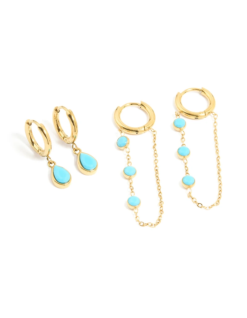 Waterproof Gold Plated Stainless Steel Turquoise Huggie Earrings 2-Pack