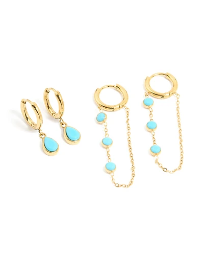 Waterproof Gold Plated Stainless Steel Turquoise Huggie Earrings 2-Pack