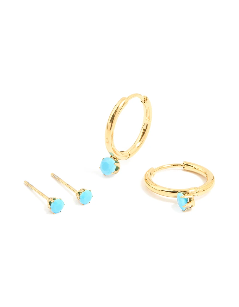 Waterproof Gold Plated Stainless Steel Turquoise Mini Earrings 2-Pack