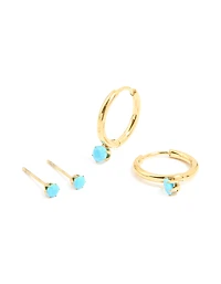 Waterproof Gold Plated Stainless Steel Turquoise Mini Earrings 2-Pack